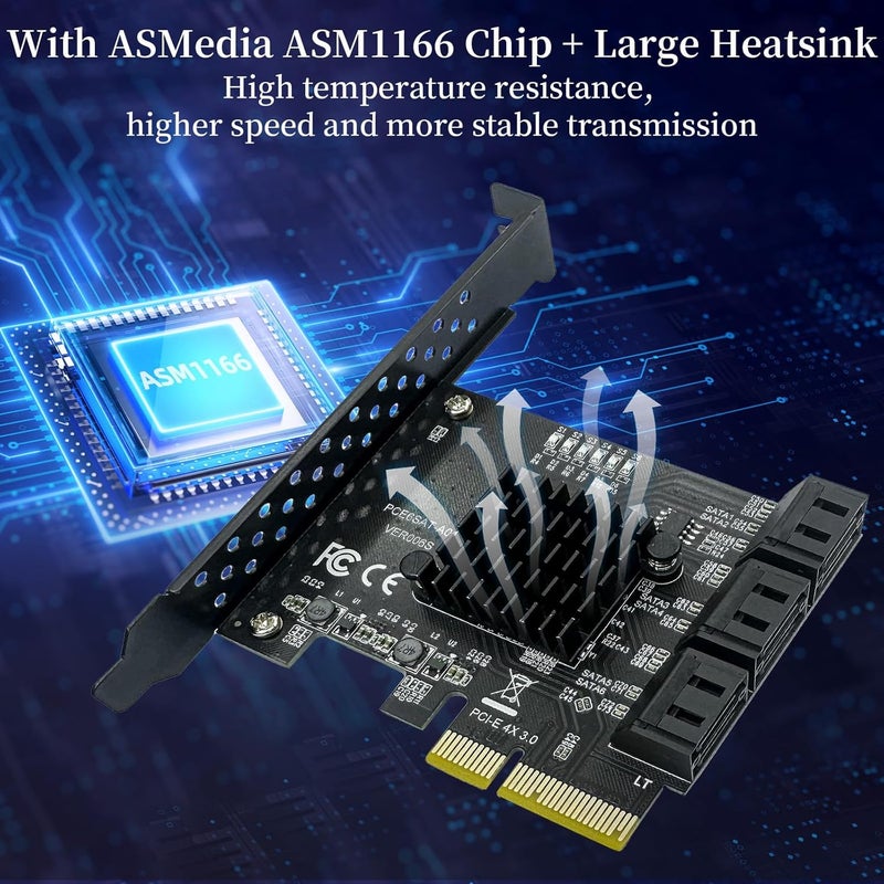 Xdingjiala PCIe SATA Expansion Card 6 Ports 4X with ASM1166 Chip - 6Gbps, Gen 3 Controller Adapter, Non-Raid, with 6 SATA Cables & Low - Profile Bracket, Plug and Play for Windows XP/7/8/10, Linux, MAC OS - Image 2